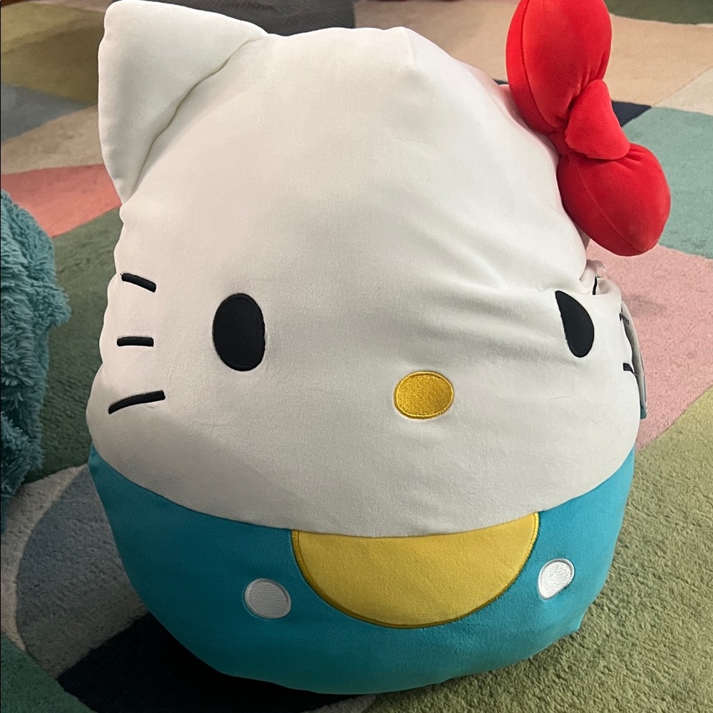 Hello Kitty Plush Pillow in White, Red Bow, Teal Outfit with Yellow Accent